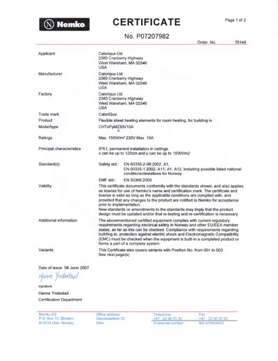 Nemko Europäisches Zertifikat Calorique Heizfolie für Einbau als Fußbodenheizung, Deckenheizung, Flächenheizung Teil 1 